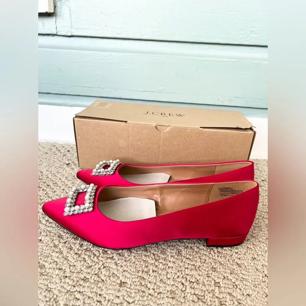 J crew new with box crystal embellished red satin point toe flats